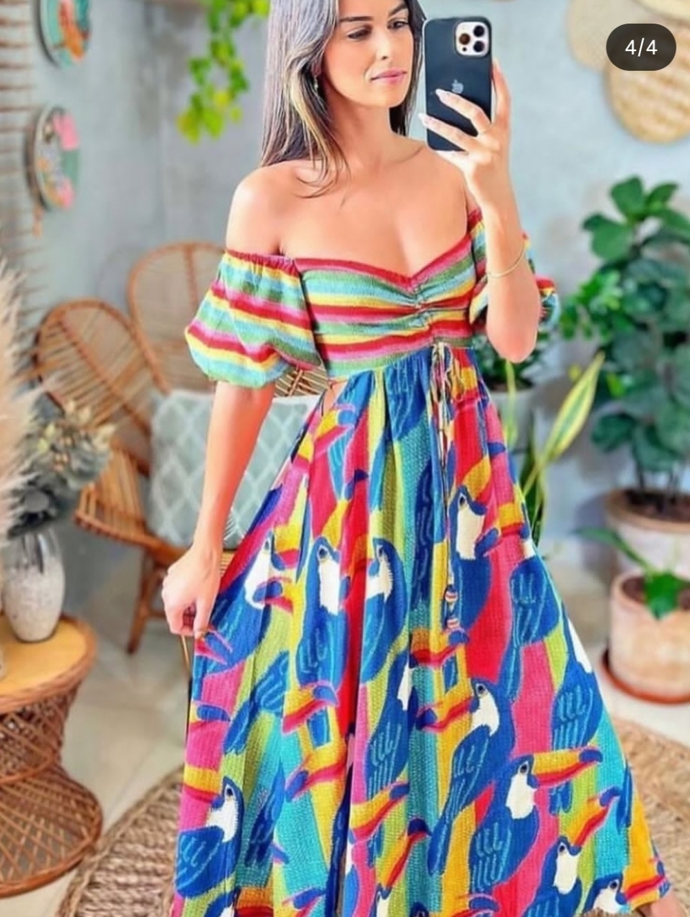 EUC Farm Rio 'Tuca Maravilha' Off-Shoulder Multicolor Tropical Print Maxi Dress